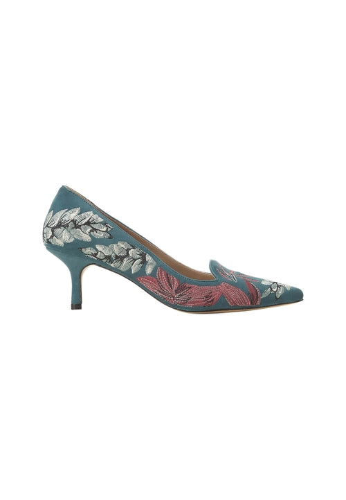 Grey Suede Embroidered Pumps – Kitten Heel Style