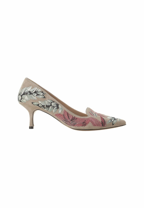 Grey Suede Embroidered Pumps – Kitten Heel Style