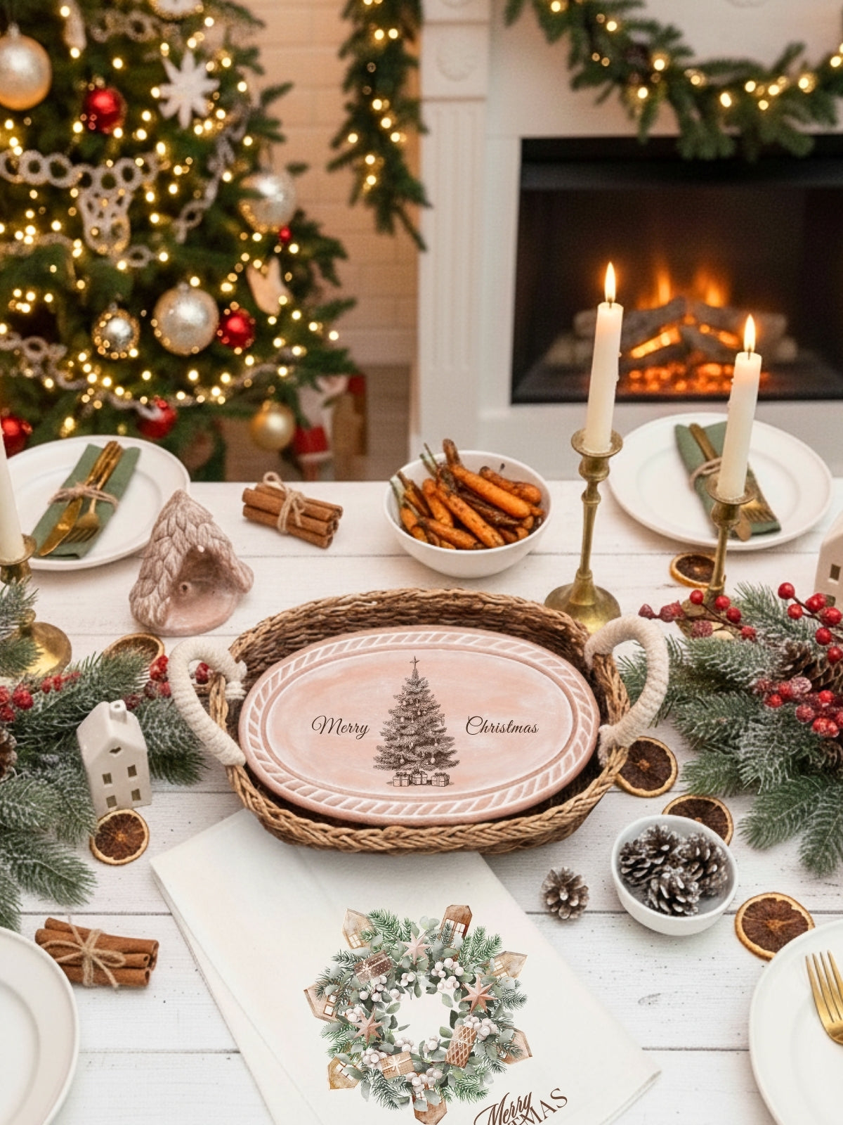 Bread Warmer & Basket Gift Set with Tea Towel - Christmas Village Oval