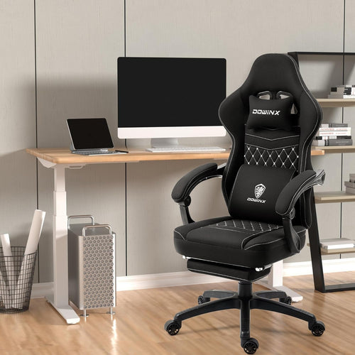 Zwarte Ademende Stof Gamingstoel Met Massagekussen