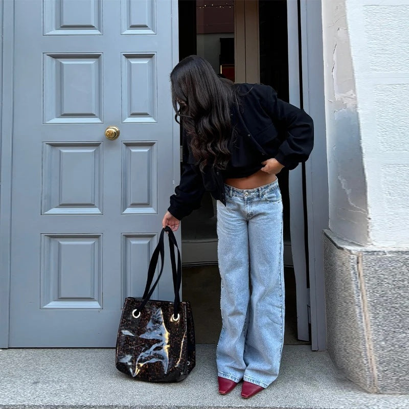 Leopard Print Five-pointed Star Deconstructing Jeans For Women