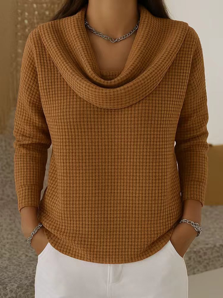 Women's Casual Loose Fashion Solid Color Waffle Long Sleeve Top