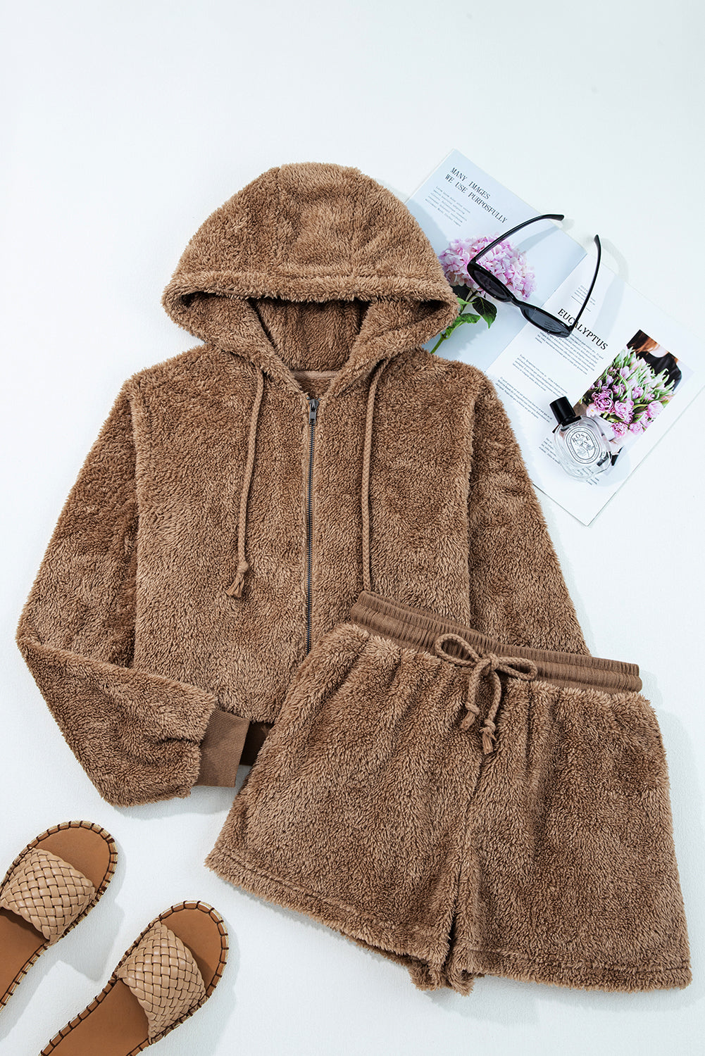 Sherpa Zip-Up Hoodie and Drawstring Shorts Set