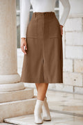 Solid High Waist Front-Slit Midi Skirt
