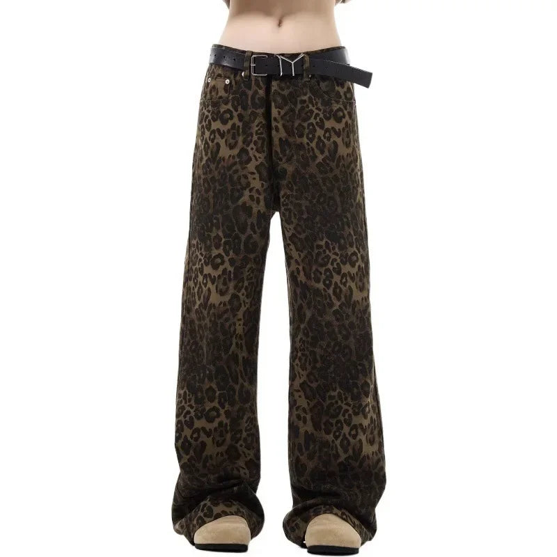 High Street Leopard Print Wide Leg Jeans Women's Loose Fit American