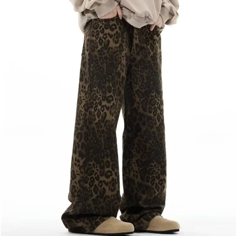 High Street Leopard Print Wide Leg Jeans Women's Loose Fit American