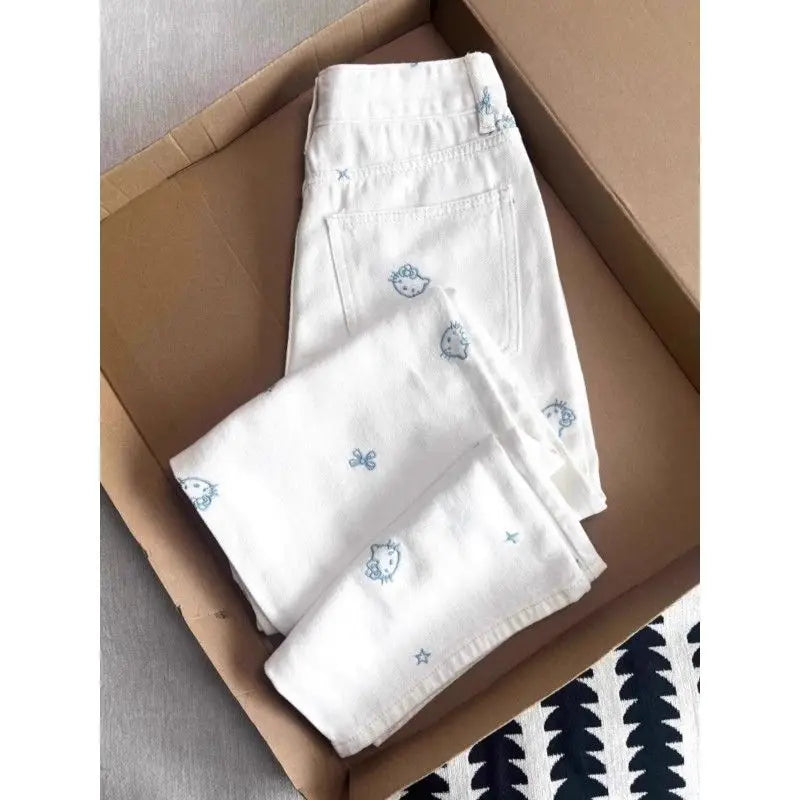‌Hello Kitty Embroidery Jeans Women 2025 Minimalist Design Thin