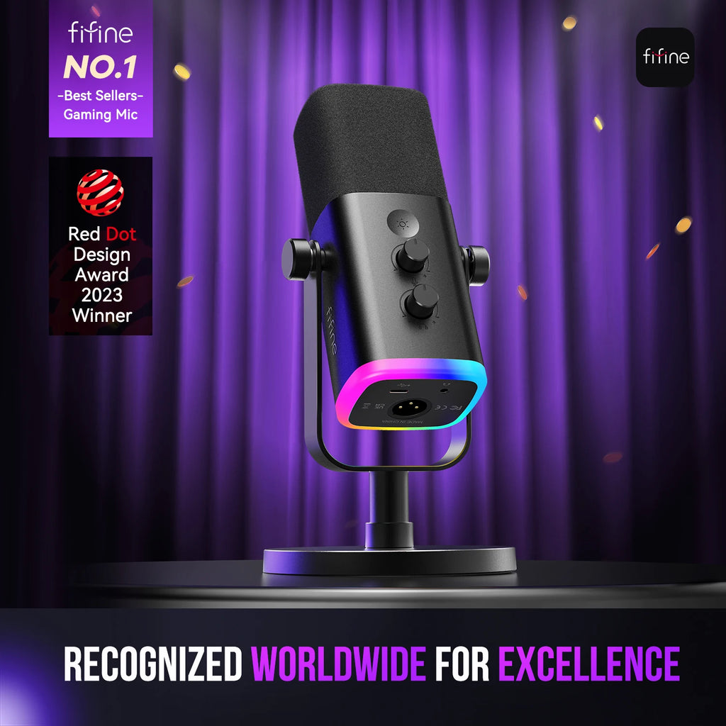 FIFINE USB/XLR Dynamic Microphone with Touch Mute Button,Headphone
