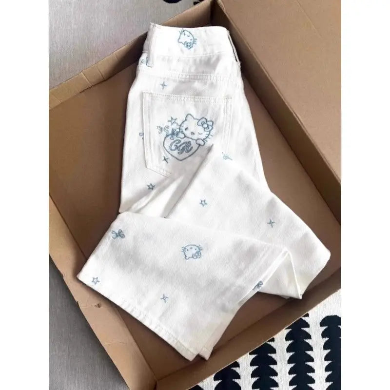 ‌Hello Kitty Embroidery Jeans Women 2025 Minimalist Design Thin