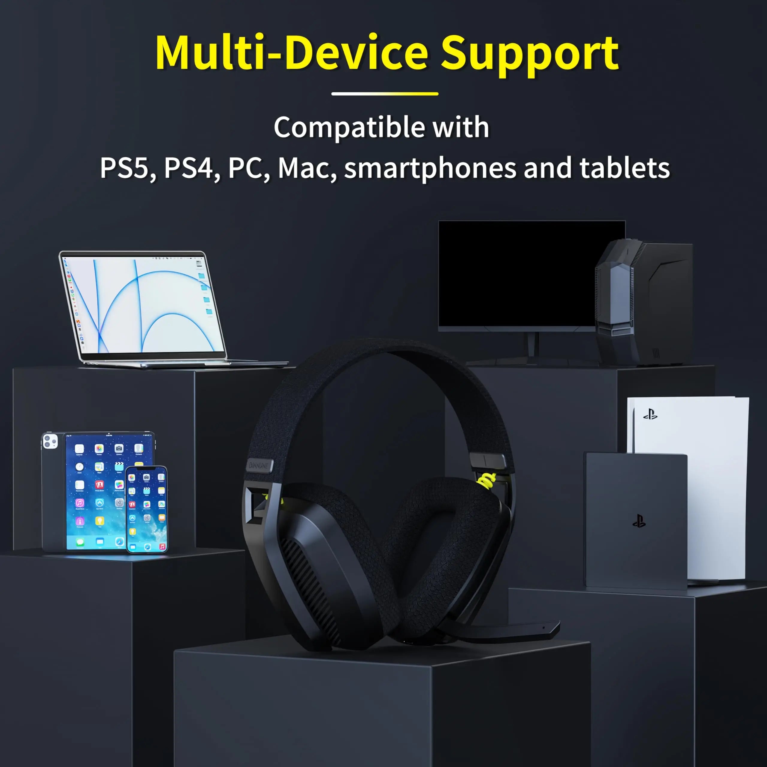 BINNUNE BW06 2.4GHz Wireless Gaming Headset with Mic for PS5 PS4 PC