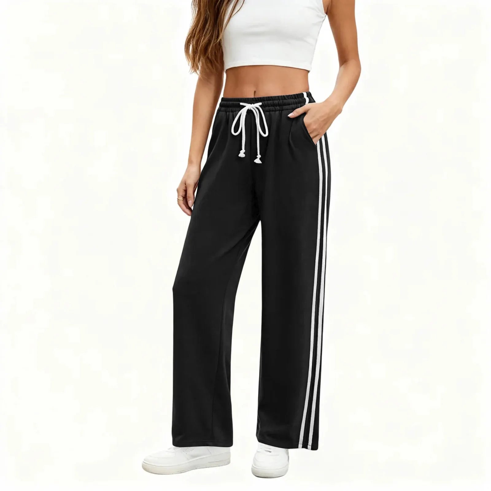 Women'S Drawstring Elastic Waist Wide-Leg Pants Sports Pants For