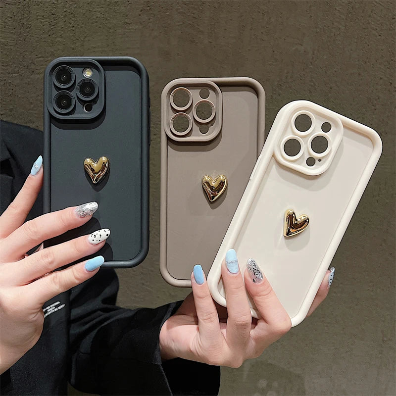3D Gold Heart Silicone Soft Phone Case For iPhone 15 14 13 12 11 16 17