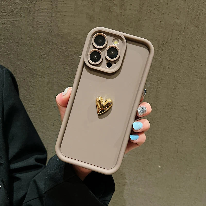 3D Gold Heart Silicone Soft Phone Case For iPhone 15 14 13 12 11 16 17