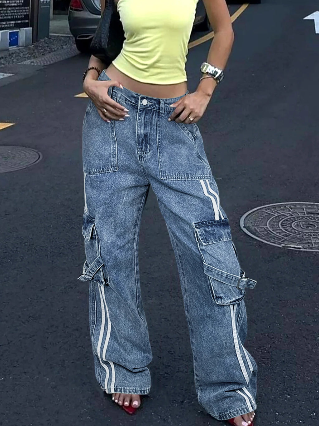 Y2k Elastic Waist Striped Flap Pocket Cargo Jeans Women's High-Waist