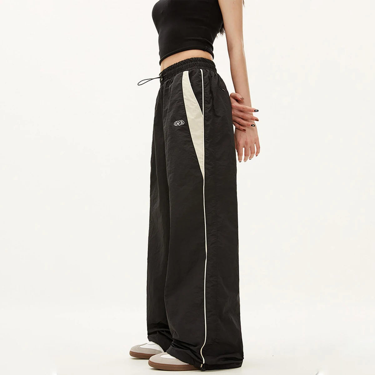 Women Casual Wide Leg Cargo Pants Drawstring Solid Streetwear Elastic