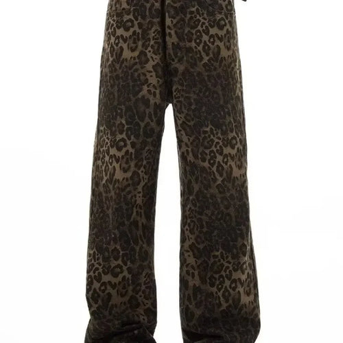 High Street Leopard Print Wide Leg Jeans Women's Loose Fit American