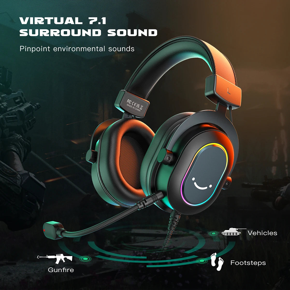Fifine Dynamic RGB Gaming Headset with Mic Over-Ear Headphones 7.1