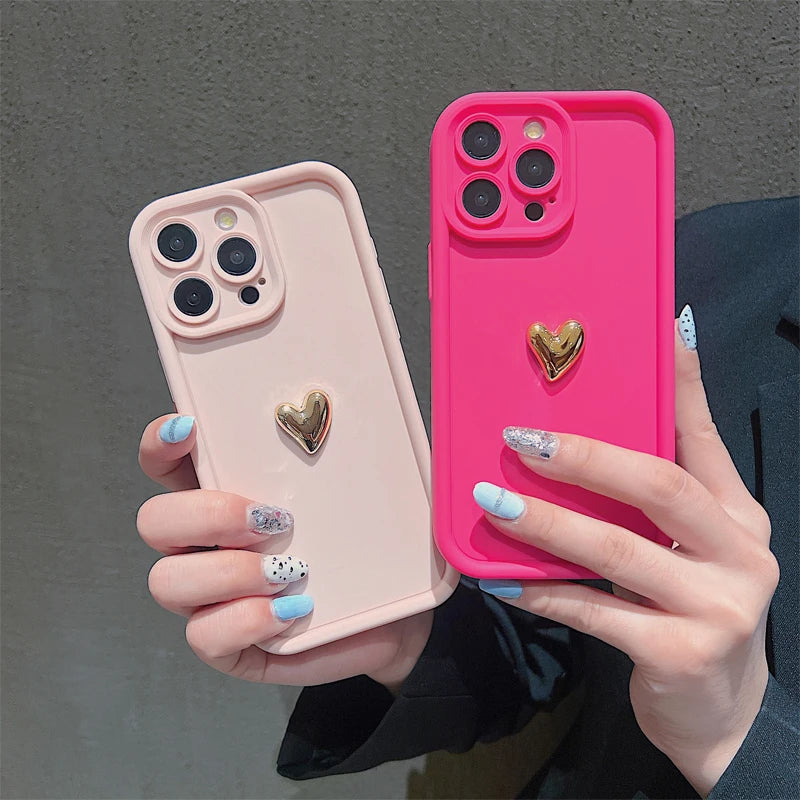 3D Gold Heart Silicone Soft Phone Case For iPhone 15 14 13 12 11 16 17