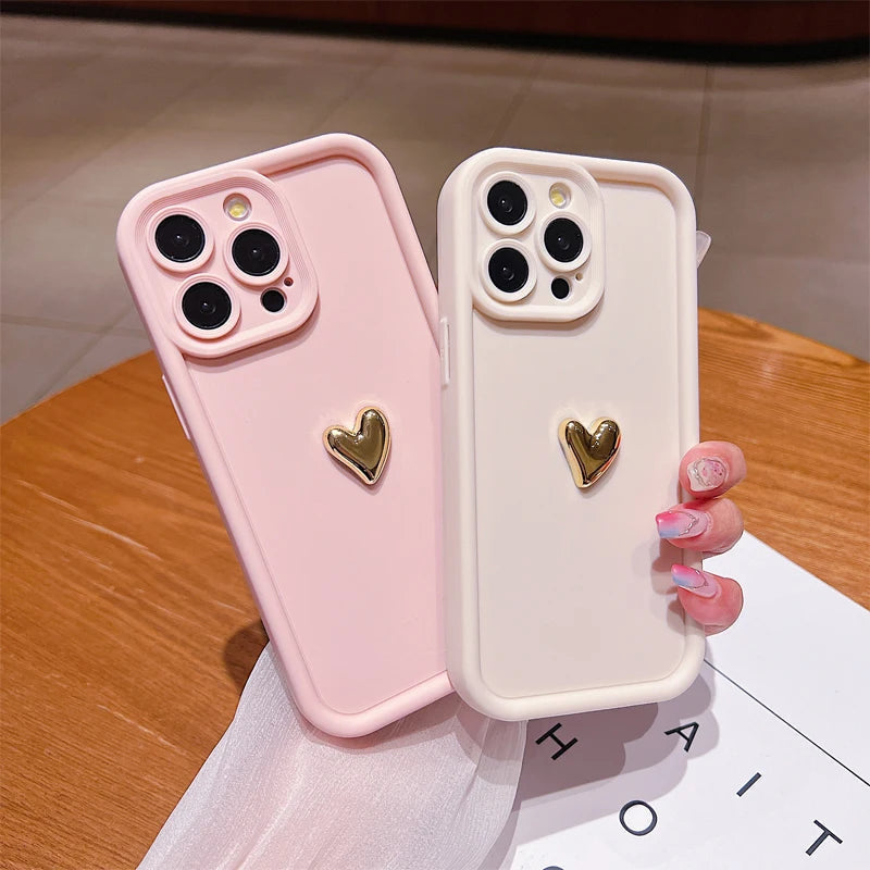 3D Gold Heart Silicone Soft Phone Case For iPhone 15 14 13 12 11 16 17