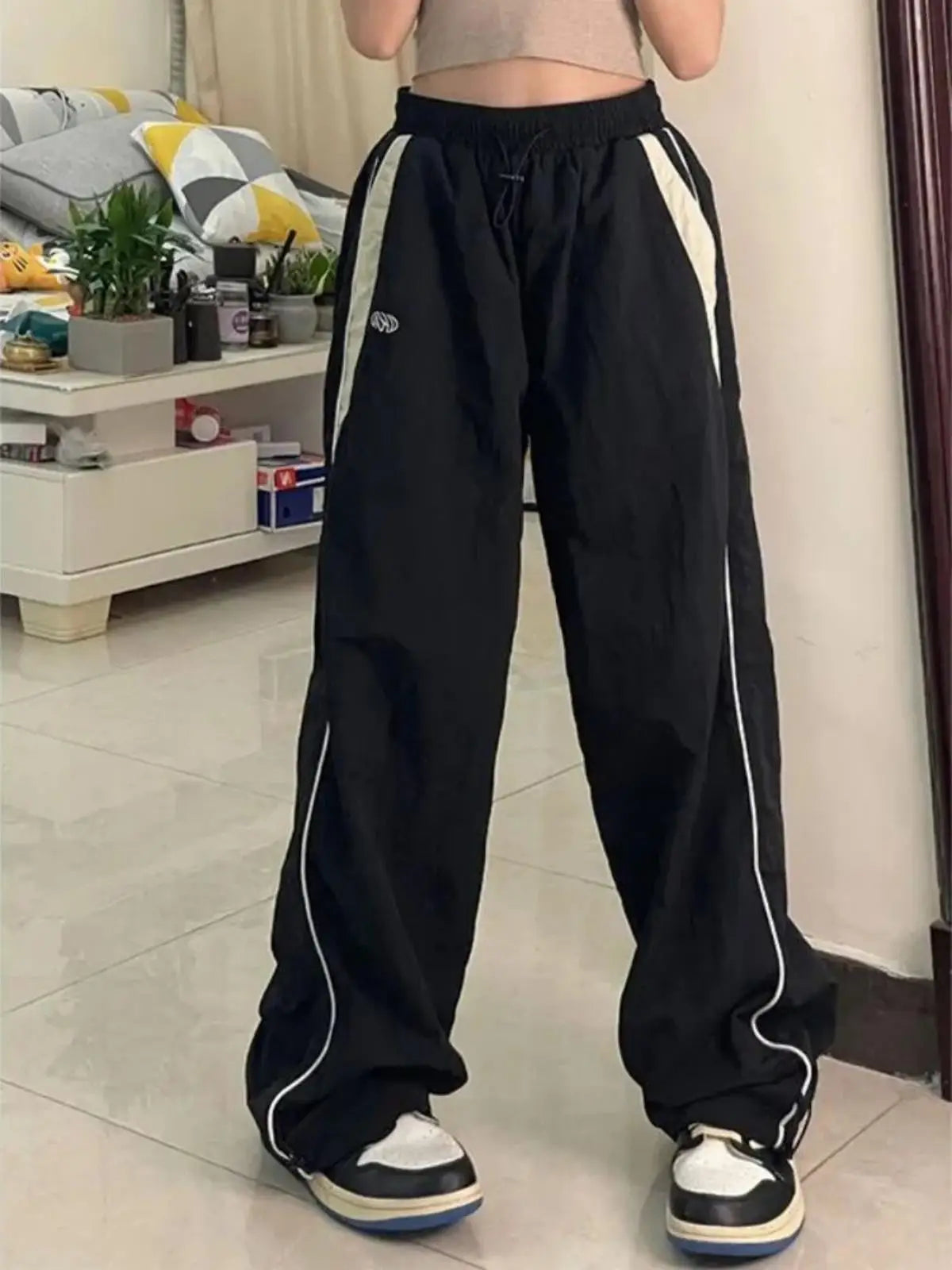Women Casual Wide Leg Cargo Pants Drawstring Solid Streetwear Elastic