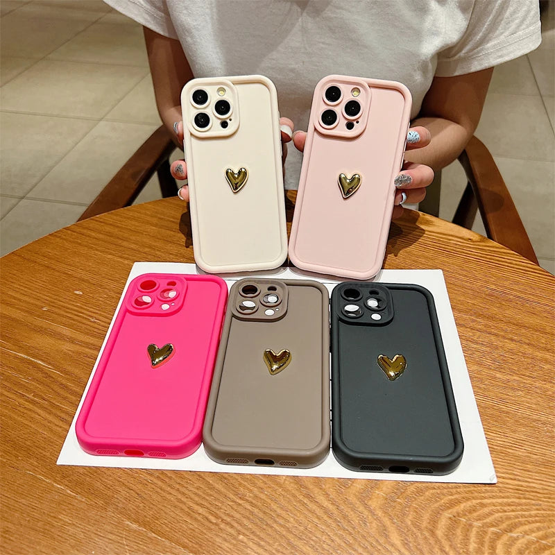 3D Gold Heart Silicone Soft Phone Case For iPhone 15 14 13 12 11 16 17