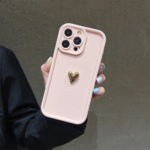 3D Gold Heart Silicone Soft Phone Case For iPhone 15 14 13 12 11 16 17