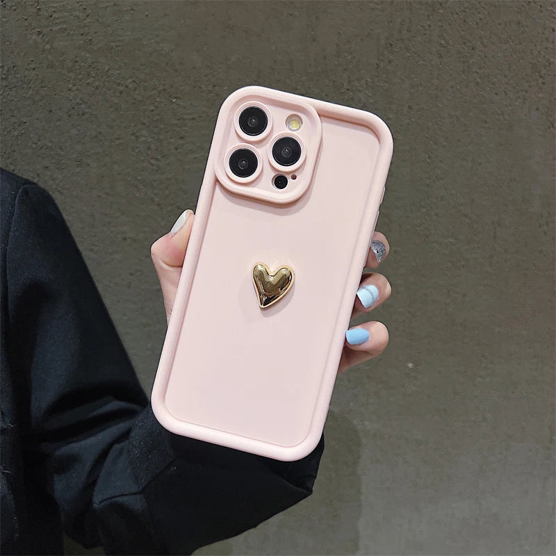 3D Gold Heart Silicone Soft Phone Case For iPhone 15 14 13 12 11 16 17