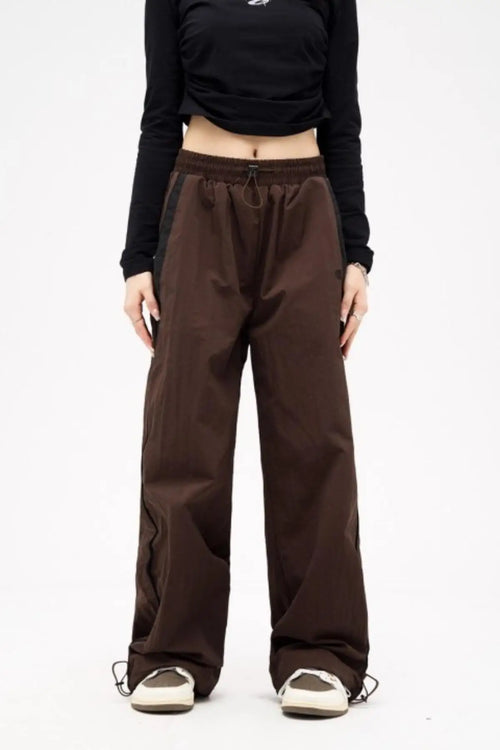 Women Casual Wide Leg Cargo Pants Drawstring Solid Streetwear Elastic