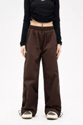Women Casual Wide Leg Cargo Pants Drawstring Solid Streetwear Elastic