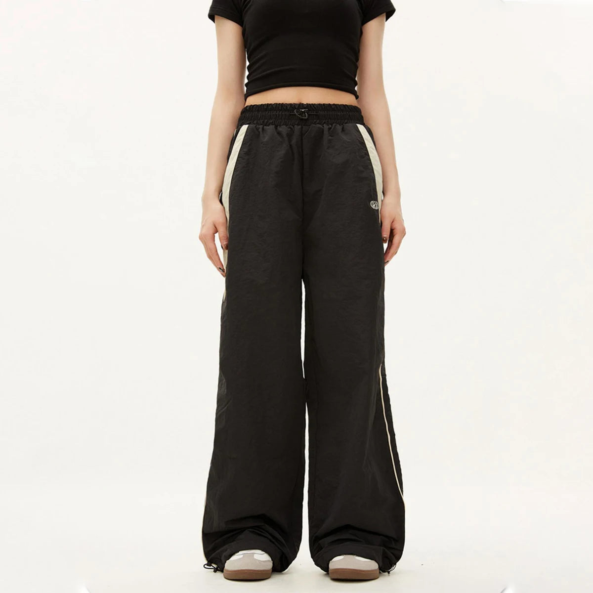 Women Casual Wide Leg Cargo Pants Drawstring Solid Streetwear Elastic