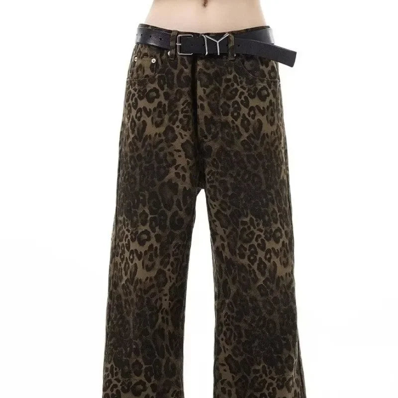 High Street Leopard Print Wide Leg Jeans Women's Loose Fit American