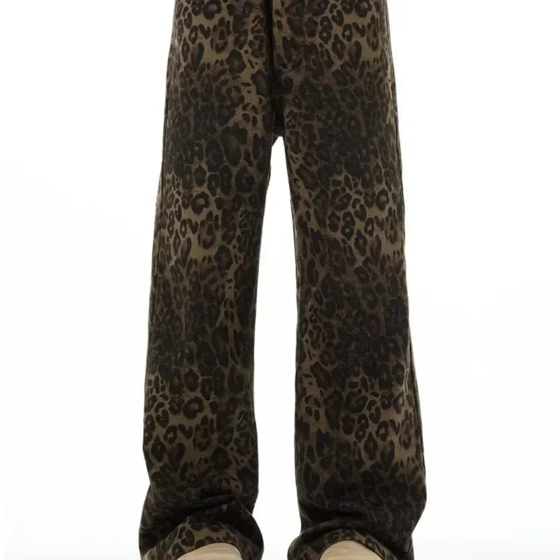 High Street Leopard Print Wide Leg Jeans Women's Loose Fit American