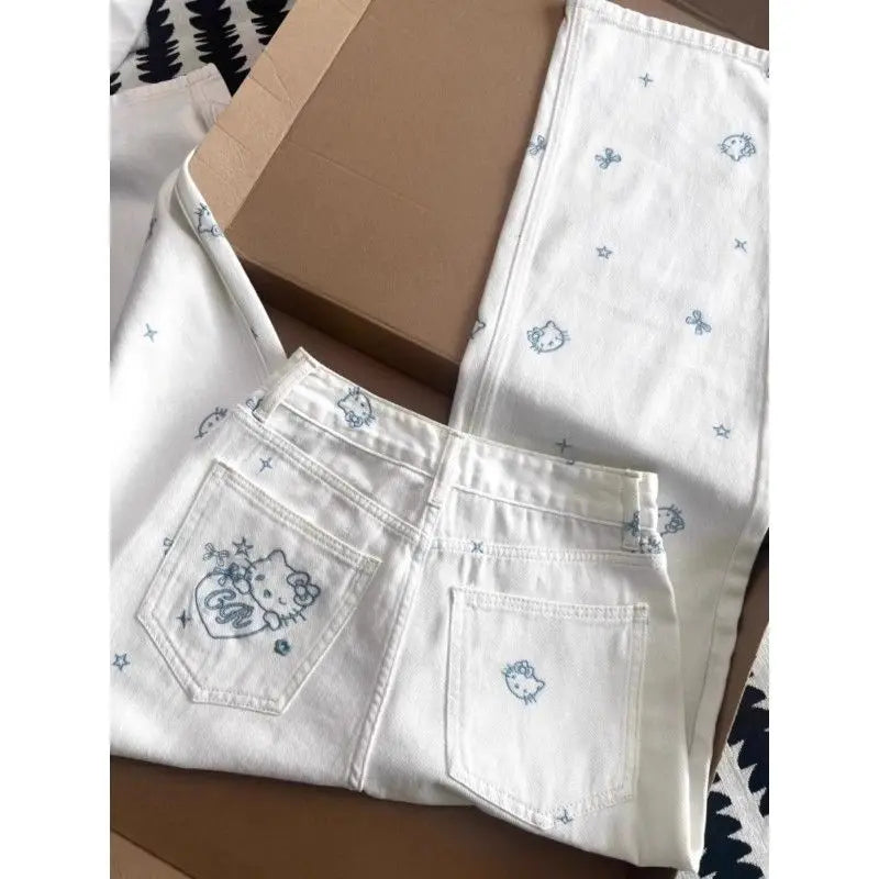 ‌Hello Kitty Embroidery Jeans Women 2025 Minimalist Design Thin