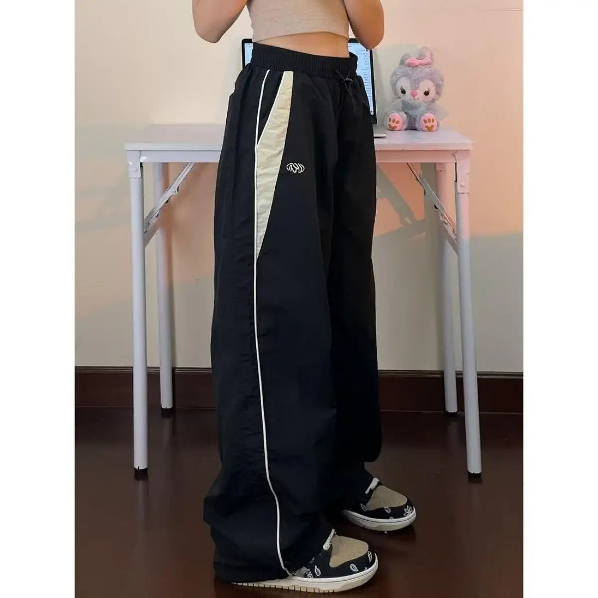 Women Casual Wide Leg Cargo Pants Drawstring Solid Streetwear Elastic