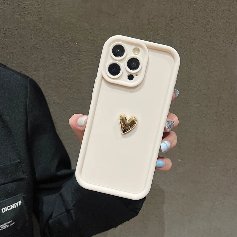3D Gold Heart Silicone Soft Phone Case For iPhone 15 14 13 12 11 16 17
