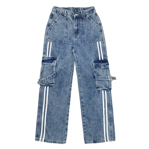 Y2k Elastic Waist Striped Flap Pocket Cargo Jeans Women's High-Waist