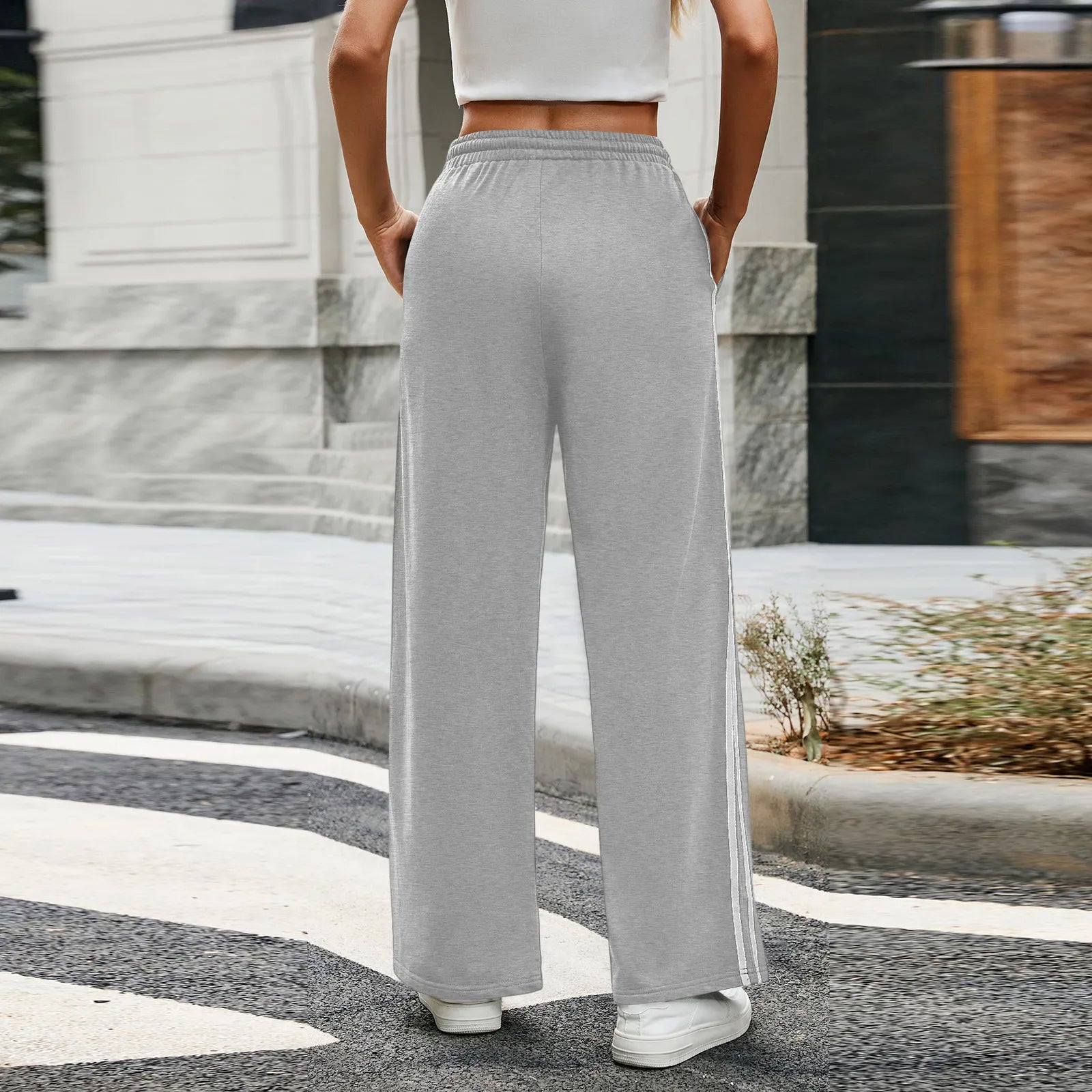 Women'S Drawstring Elastic Waist Wide-Leg Pants Sports Pants For