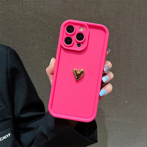 3D Gold Heart Silicone Soft Phone Case For iPhone 15 14 13 12 11 16 17
