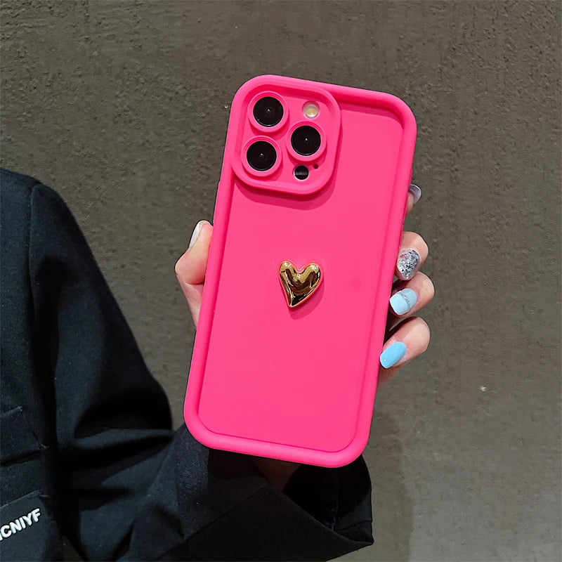 3D Gold Heart Silicone Soft Phone Case For iPhone 15 14 13 12 11 16 17