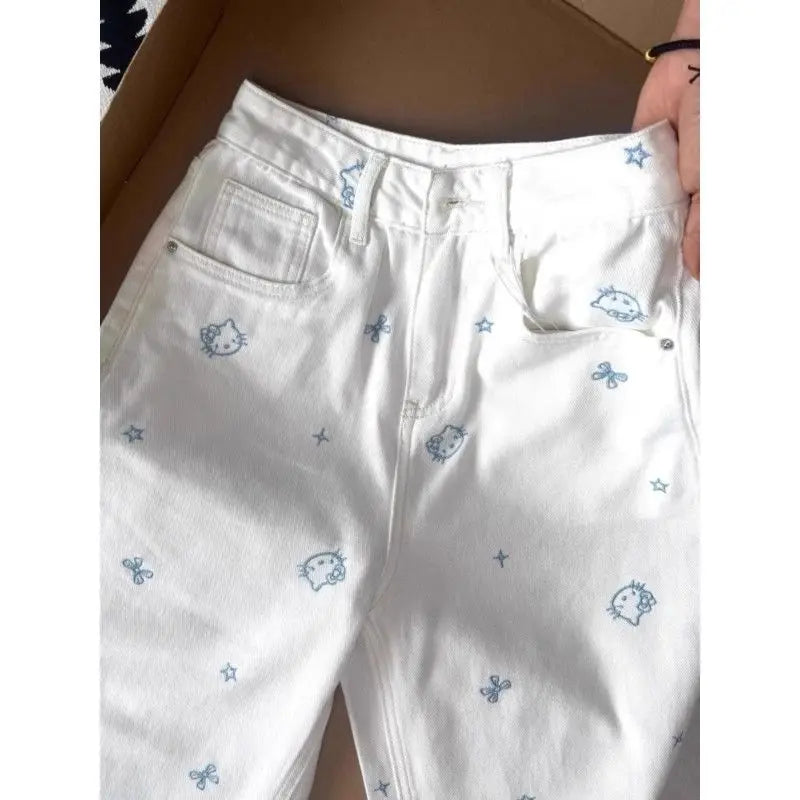 ‌Hello Kitty Embroidery Jeans Women 2025 Minimalist Design Thin