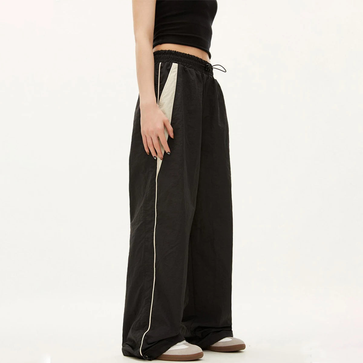 Women Casual Wide Leg Cargo Pants Drawstring Solid Streetwear Elastic