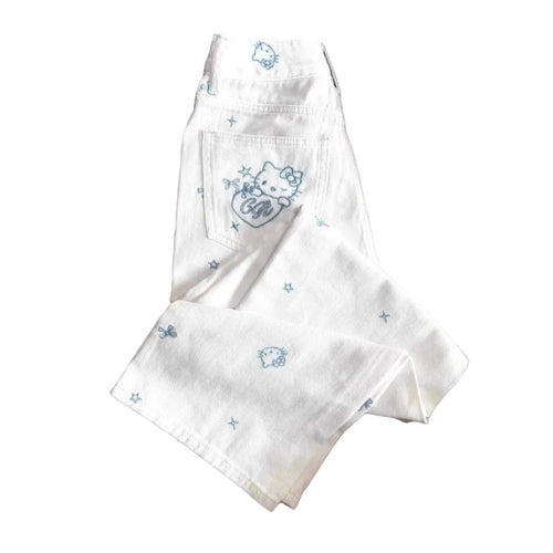 ‌Hello Kitty Embroidery Jeans Women 2025 Minimalist Design Thin