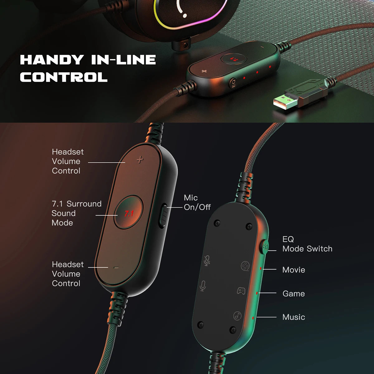 Fifine Dynamic RGB Gaming Headset with Mic Over-Ear Headphones 7.1