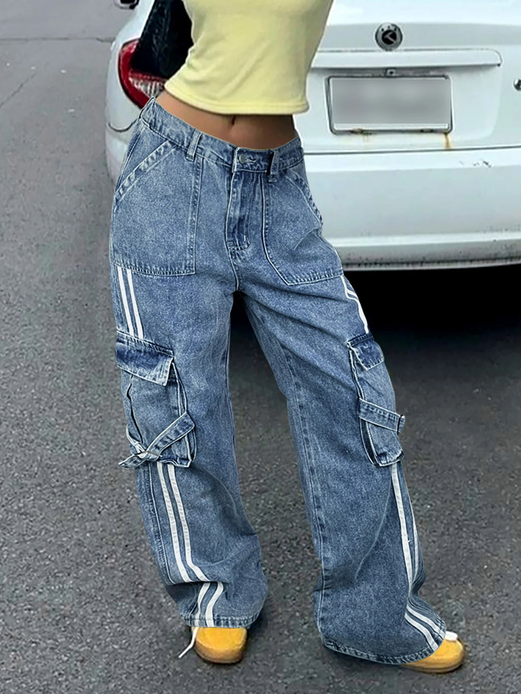 Y2k Elastic Waist Striped Flap Pocket Cargo Jeans Women's High-Waist