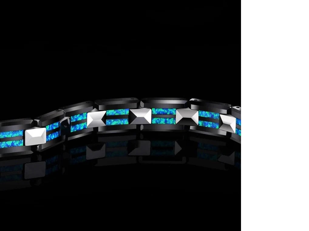 Luxury Blue Opal Black Ceramic Bracelet Mens Tungsten Bracelet Fire