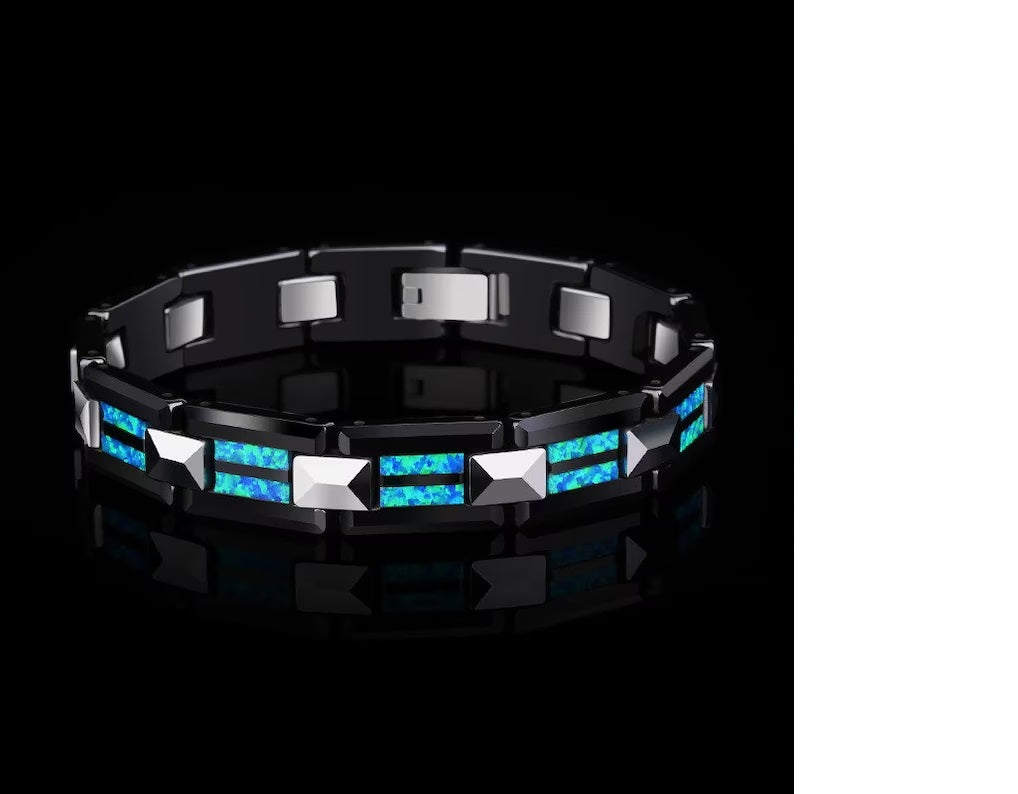 Luxury Blue Opal Black Ceramic Bracelet Mens Tungsten Bracelet Fire