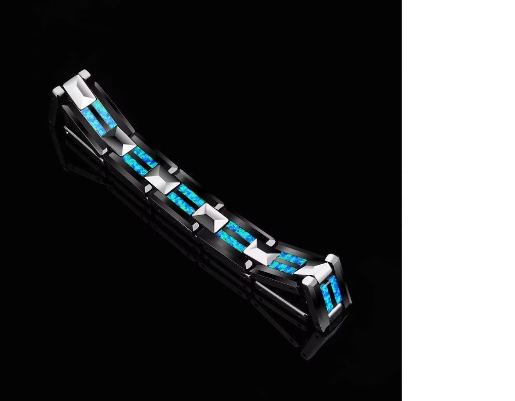 Luxury Blue Opal Black Ceramic Bracelet Mens Tungsten Bracelet Fire