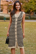 Stripe Button-Front Sleeveless Pencil Sweater Midi