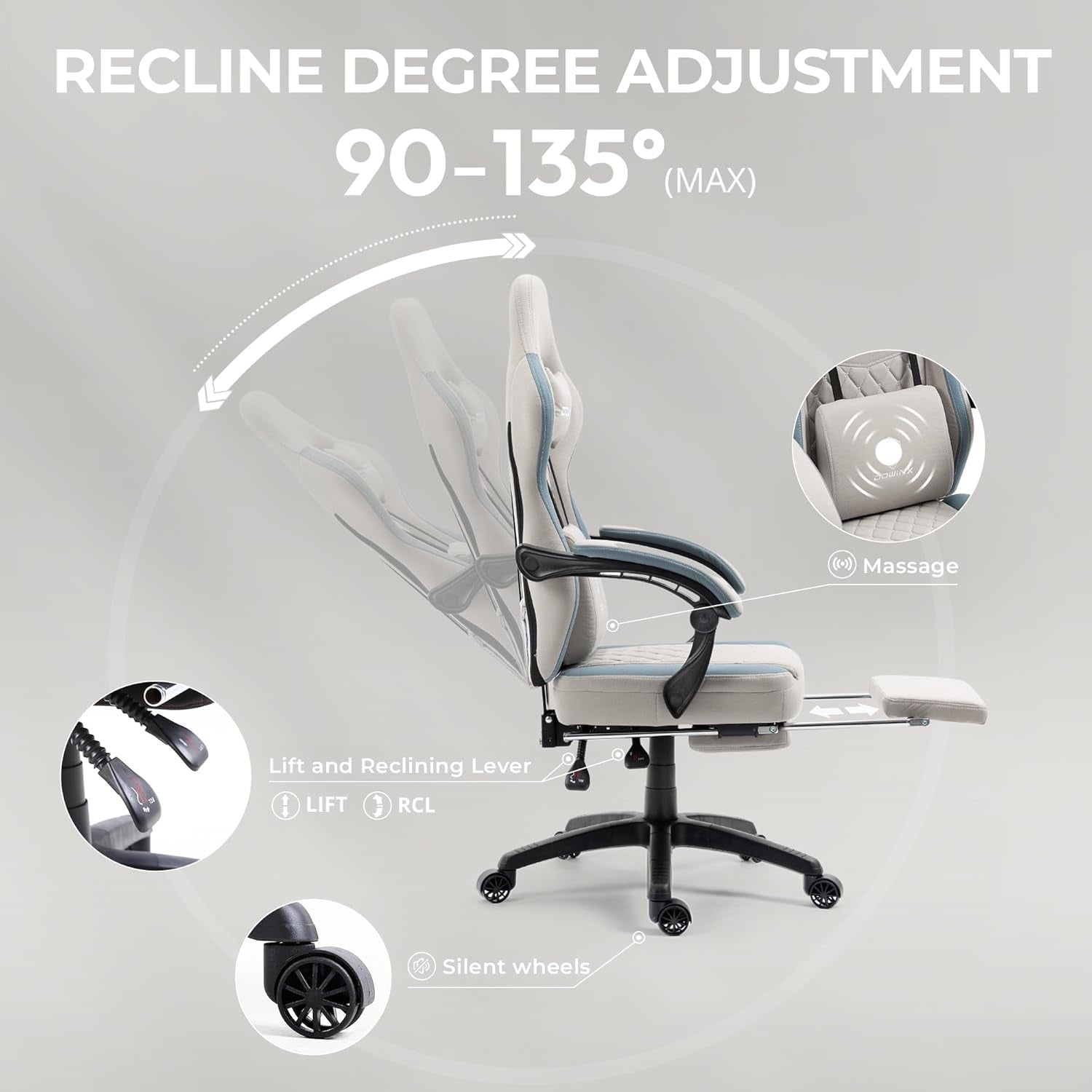Grey Gaming Chair With Pocket Spring Cushion And Gel Pad