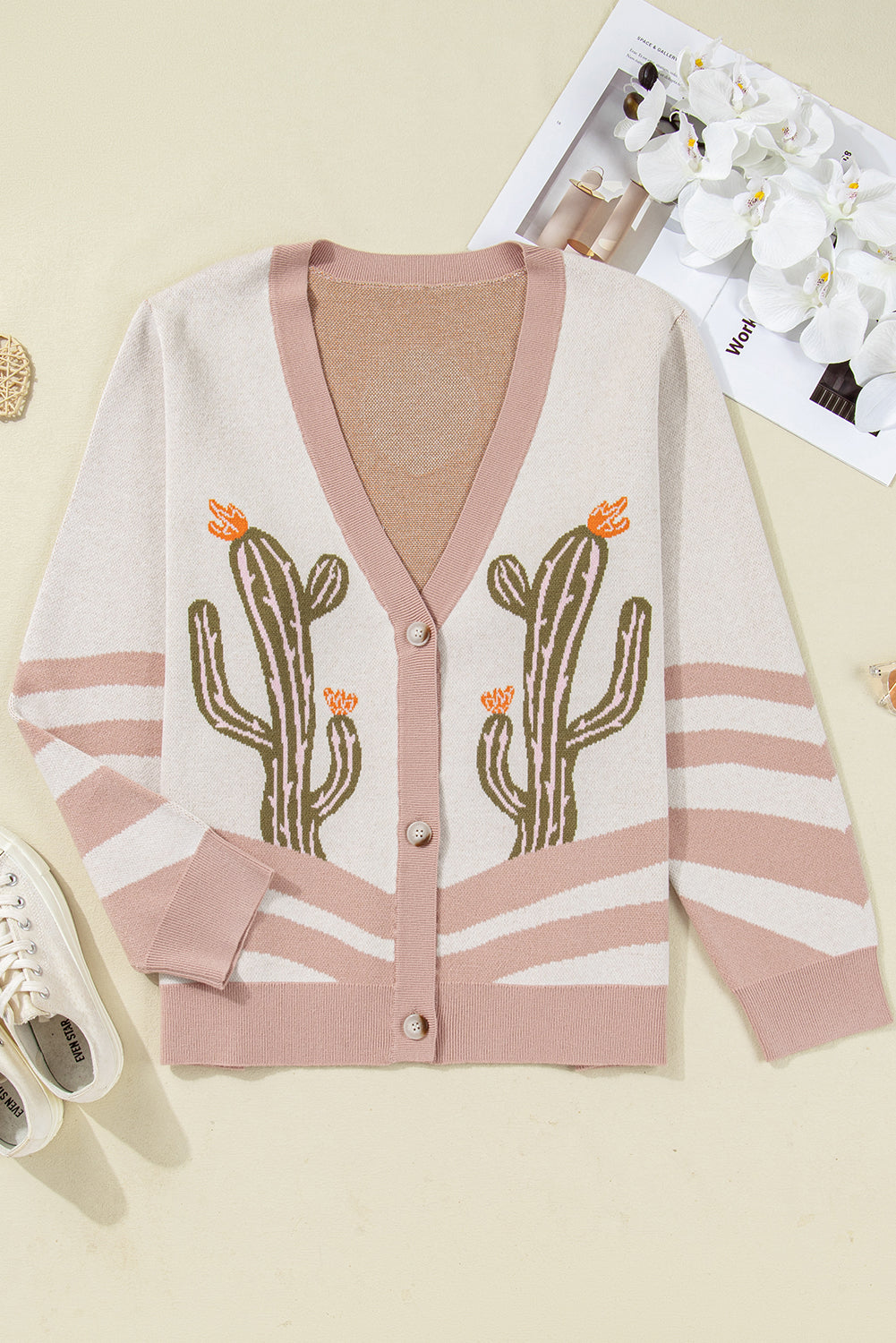 Plus Size Western Cactus Button-front Cardigan Sweater
